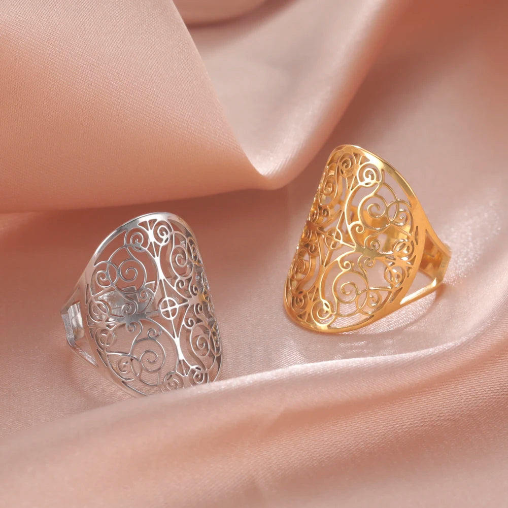 Mandala of Understanding Ring Resizable Creative Nordic Round Mandala Filigree Women Rings Stainless Steel Jewelry