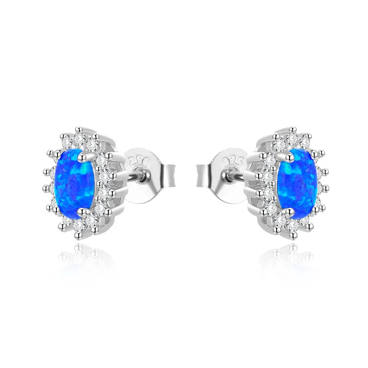 Silver Jewelry Earrings Janpan's Trendy Artificial Oval Halo Opal Stud with Diamond Gold Plated Sterling Silver for Gift