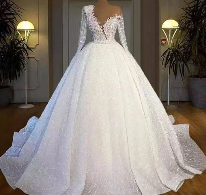 S8157F New Bride Long Sleeves High -waist Retro -lace Lace Tail Plus Size a Line Wedding Dress