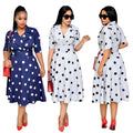 CFA394 Trendy African Dress Suit Collar Polka Dot Middle Sleeve Summer Dresses Large Swing Loose Dress With Belt