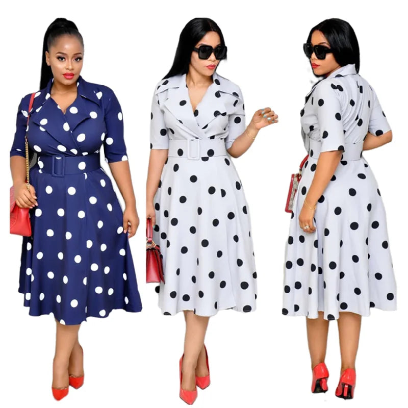 CFA394 Trendy African Dress Suit Collar Polka Dot Middle Sleeve Summer Dresses Large Swing Loose Dress With Belt