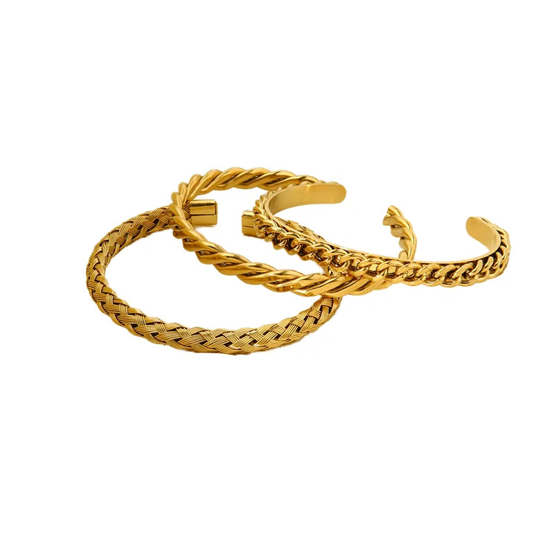 16K Gold PVD Plated Stainless Steel Weave Braided Twisted Open Cuff Bangle for Bracelet Fashionable Jewelry Gift