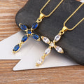 QIKU Fashion Bohemia Rhinestone Cross Pendant Women Necklace Copper Zircon Chain Religious Pray Jewelry Birthday Gift Wholesale
