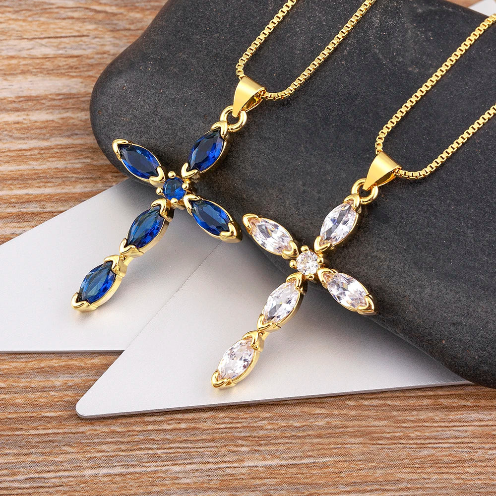 QIKU Fashion Bohemia Rhinestone Cross Pendant Women Necklace Copper Zircon Chain Religious Pray Jewelry Birthday Gift Wholesale