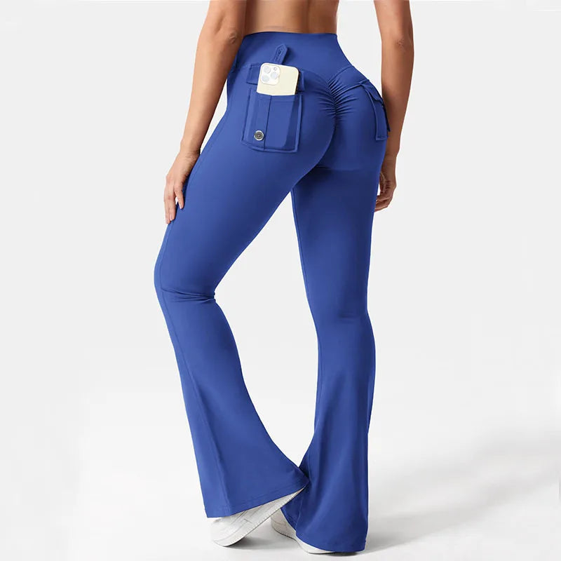 Flare Leggings with Pockets for Women High Elastic Waist Solid Full Length Butt Lifting Workout Gym Yoga Leggings