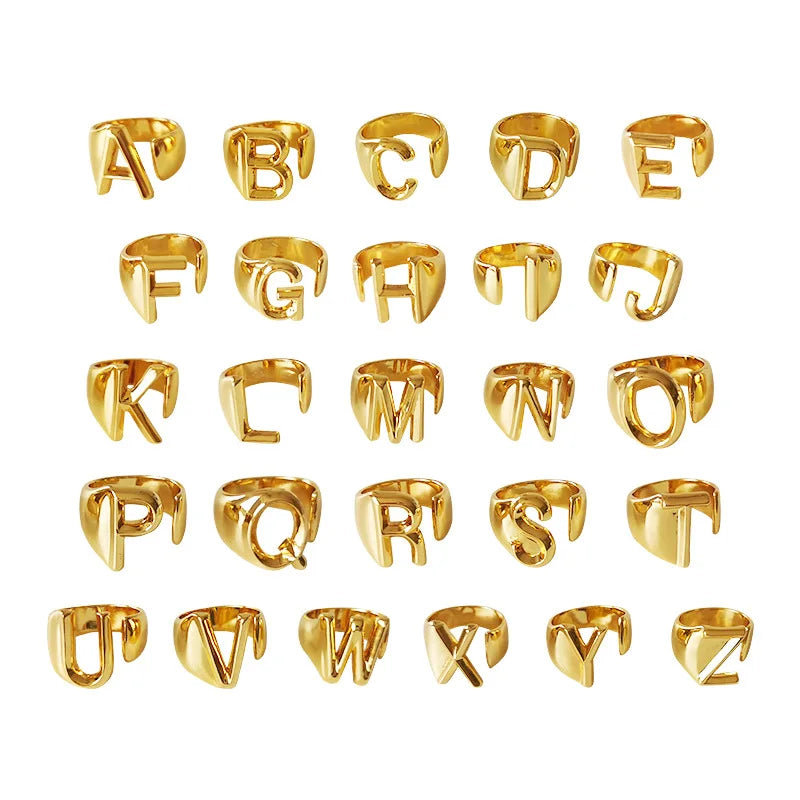 Wholesale Customized Alphabet A-Z English Initial Rings Chunky Name Irregular Gold Hip Hop Style Adjustable Size Ring