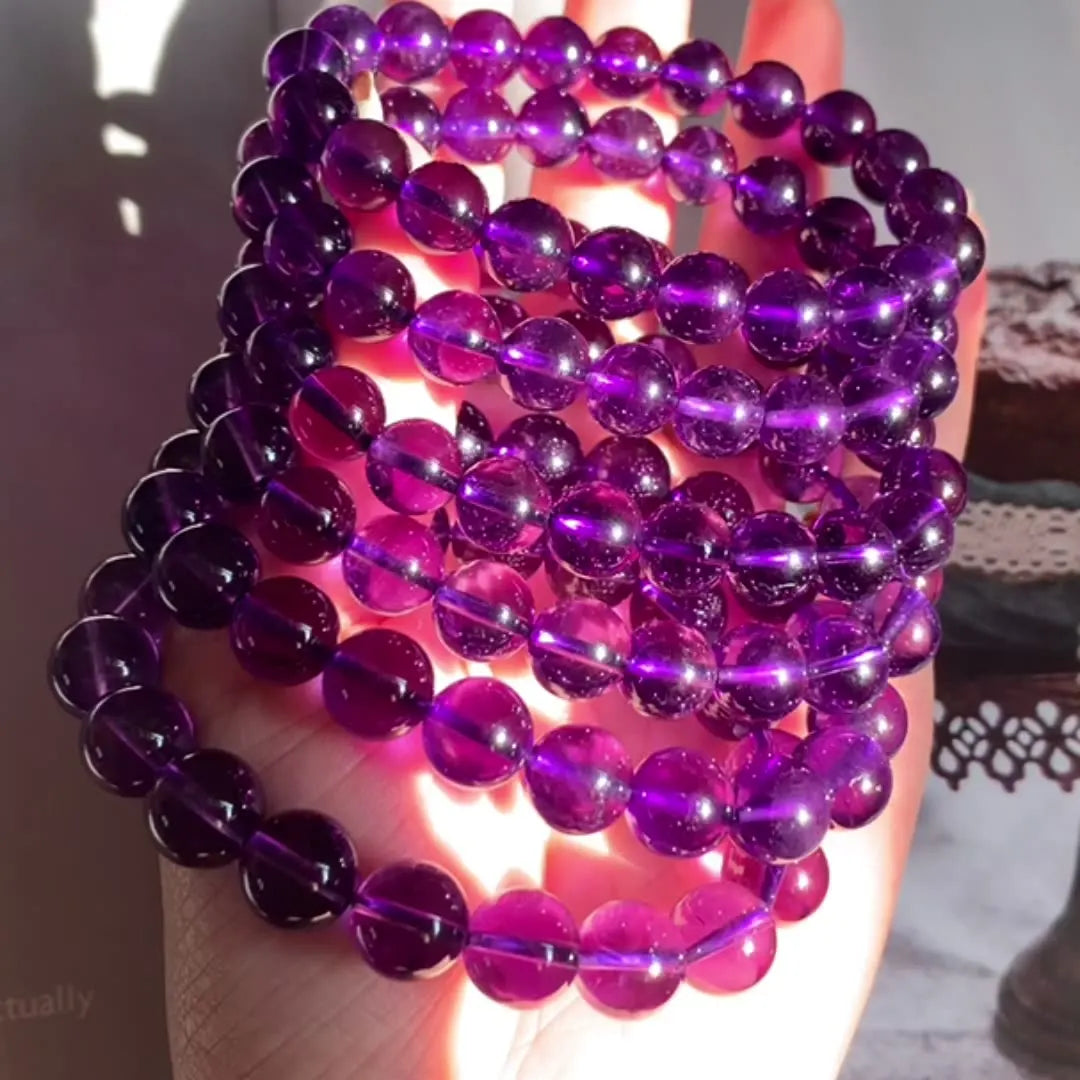 Luxury Natural Gemstone Healing Quartz Uruguayan Amethyst Round Beads Elastic Adjustable Bracelet for Women Men Yoga Bangles