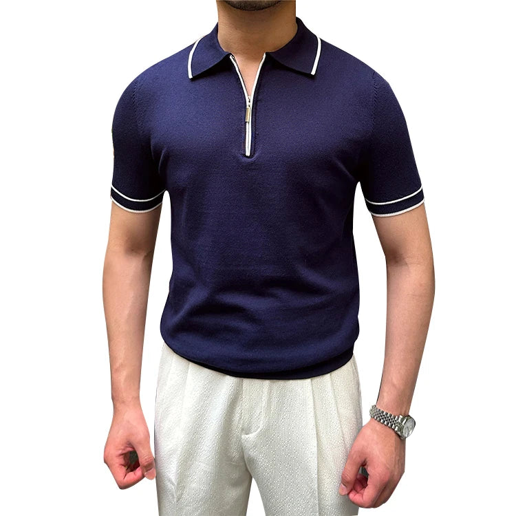 Wholesale New Arrival Men's Knit Short-sleeved Zipper Polo T-shirt 100% Merino Wool Polo Shirts Men Sweater