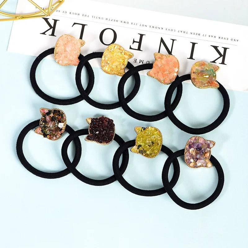 Women Girl Hair Accessories Cheap Elastic Black Scrunchy Ponytail Hairband Natural Crystal Chips Rubber Hair Ties