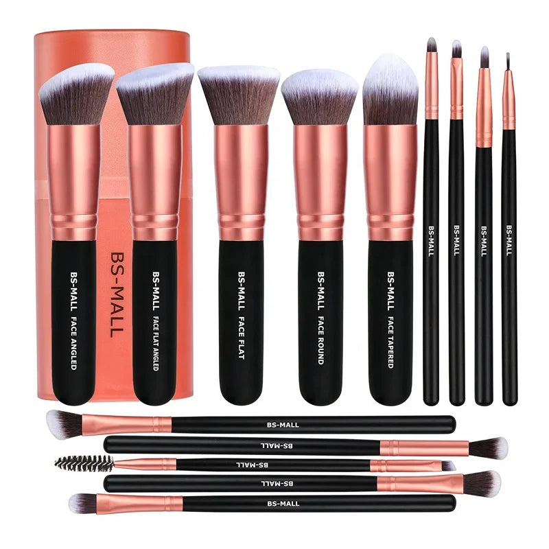 2026 Best Seller BS-MALL 14pcs Makeup Brush Set Private Label Custom Logo Rose Gold Synthetic Makeup Brushes