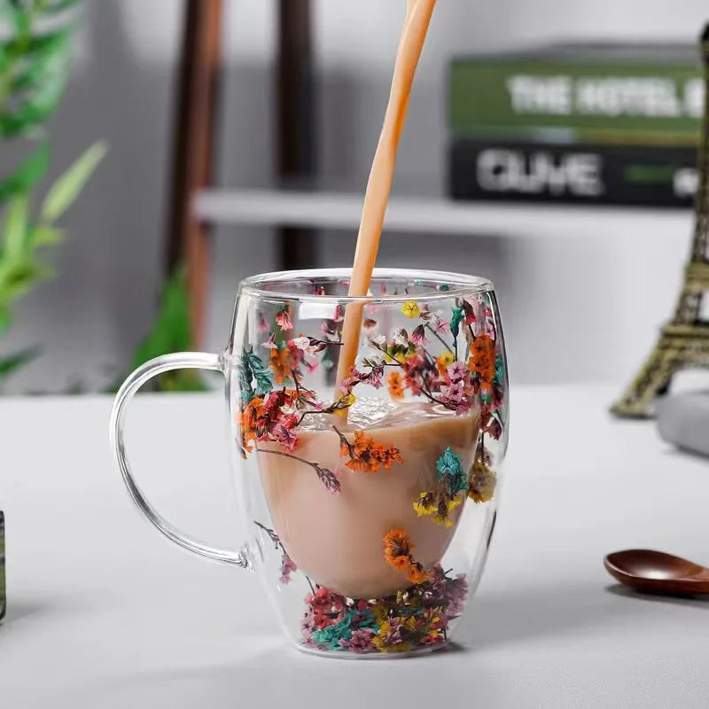 350ML New Design Handmade High Borosilicate Creative Dry Flower Double Wall Glass Mug Cup