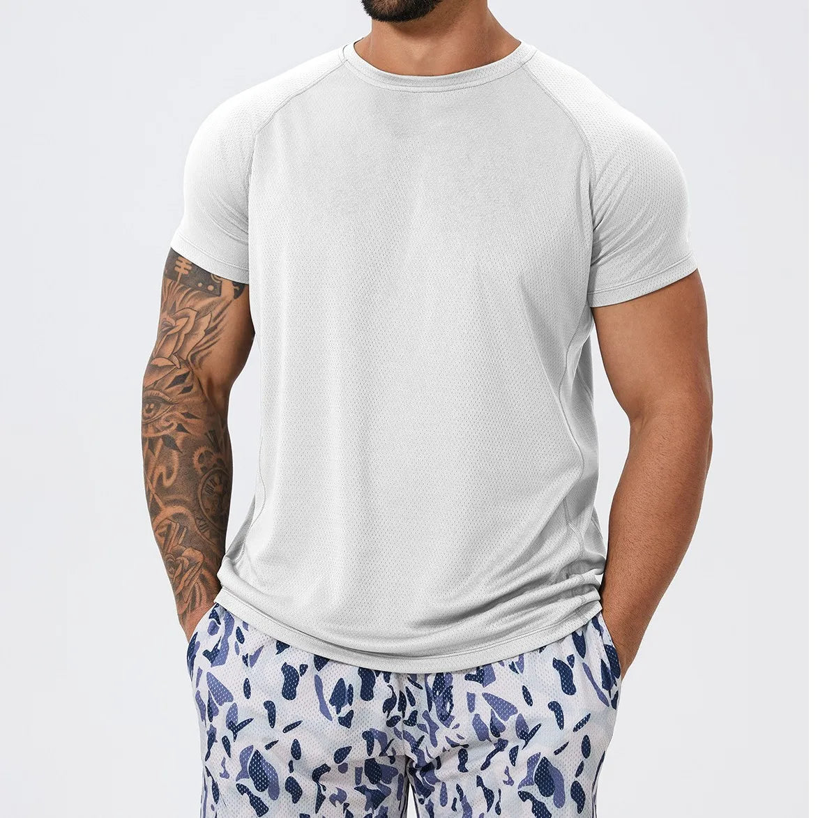 Summer Men's Sports American Muscle Training Fitness Round Neck Solid Color Short Sleeve Basketball Football Running T-shirt