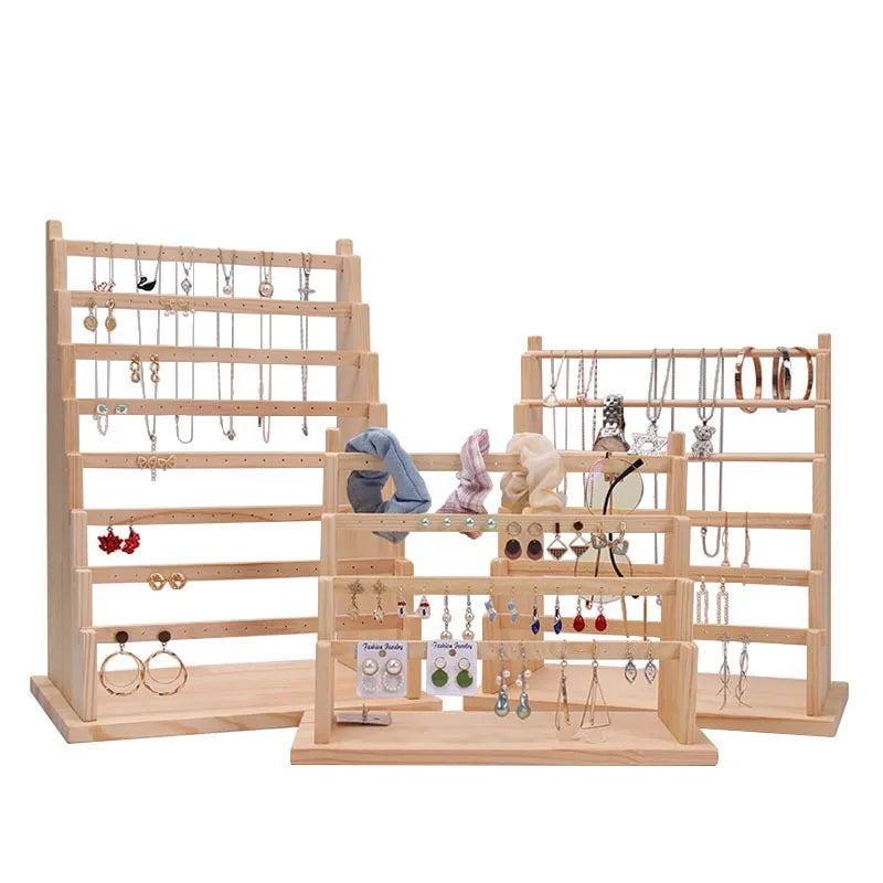 Large Detachable 8 Layer Pine Wood Timber Flat Bars Earrings Holder Rack Stand for 56 Pair of Earrings Display