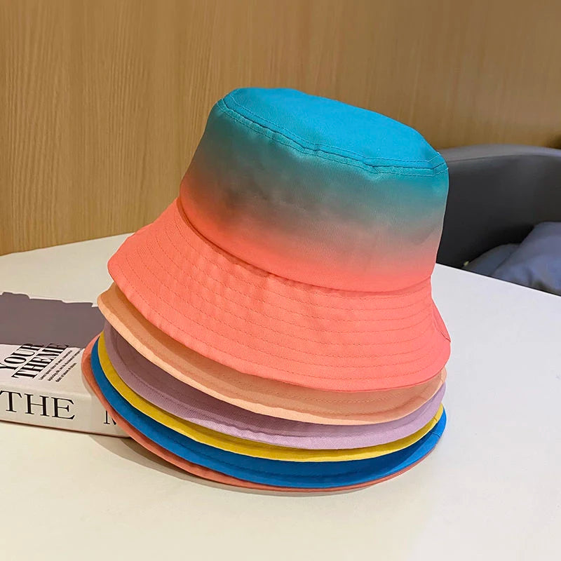 Wholesale Gradient Color Ramp Bucket Cap for Women Custom Logo 3D Embroidery Summer Sun Cap Casual Fashion Beach Wear