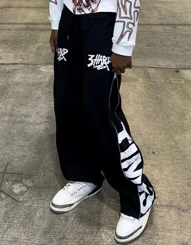 Custom Logo Heat-Transfer Printed Drawstring Side 100% Cotton French Terry Casual Baggy Wide Leg Flare Sweat Pants Men