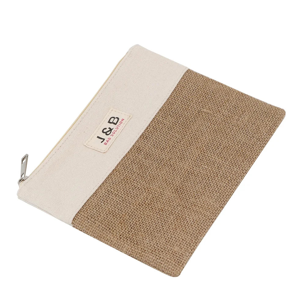 New Arrival Natural Jute Canvas Flat Zipper Pouch Factory Custom Reusable Hemp Burlap Cosmetic Gift Bag with Logo