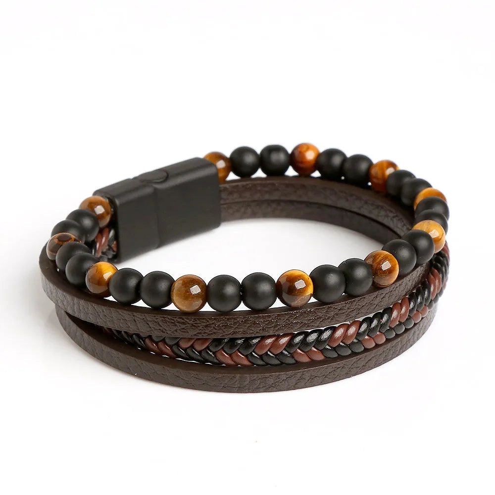 Hot Sale Fashion Jewelry Leather Stainless Steel Bangle Woven Tiger Eye Natural Stone Mens Bead Bracelet