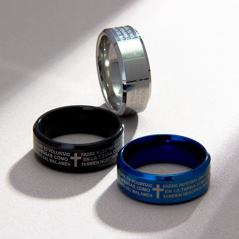 8mm Stainless Steel Spanish Style Rings for Men Women Jewelry Silver Black Color Cross Verse Waterproof Wedding Ring for Men