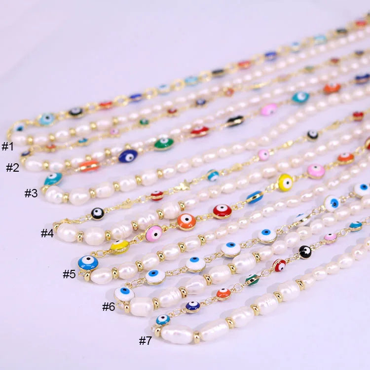 NP1005 Fashion Freshwater Pearl Beaded Evil Eyes Necklace Handcraft Enamel Evil Eyes Link Chain Women Necklace