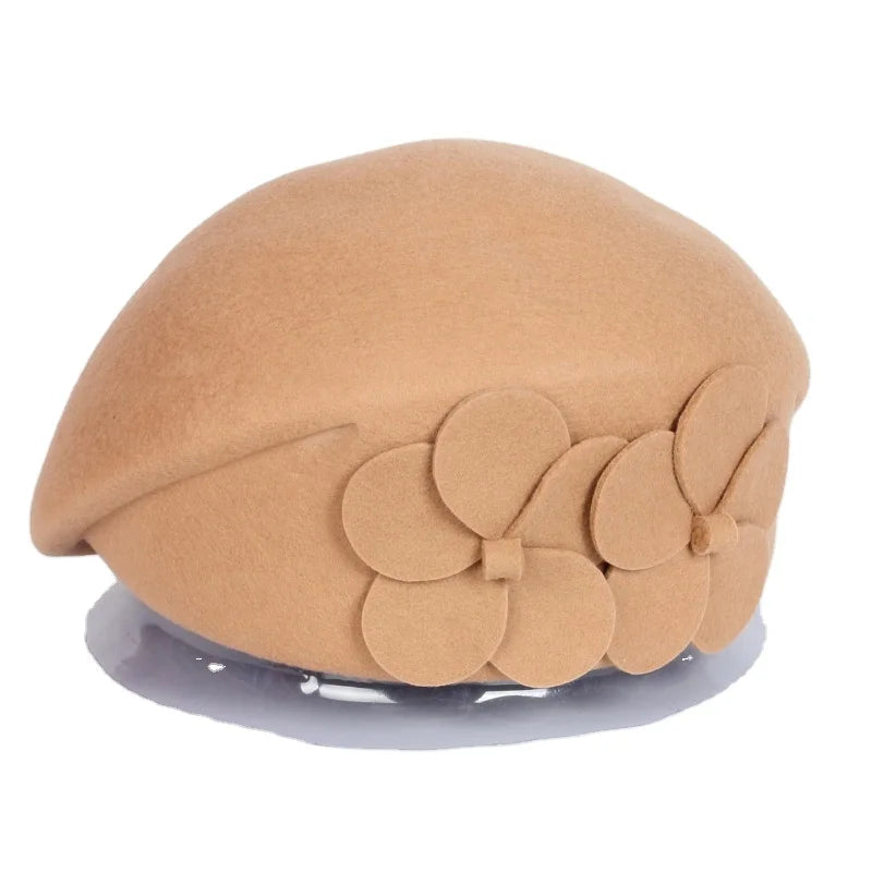 Autumn and Winter Korean Lady French Beret Elegant Double Flower 100% Wool Vintage Fedora Dress Pillbox Fascinator Beanie Hat