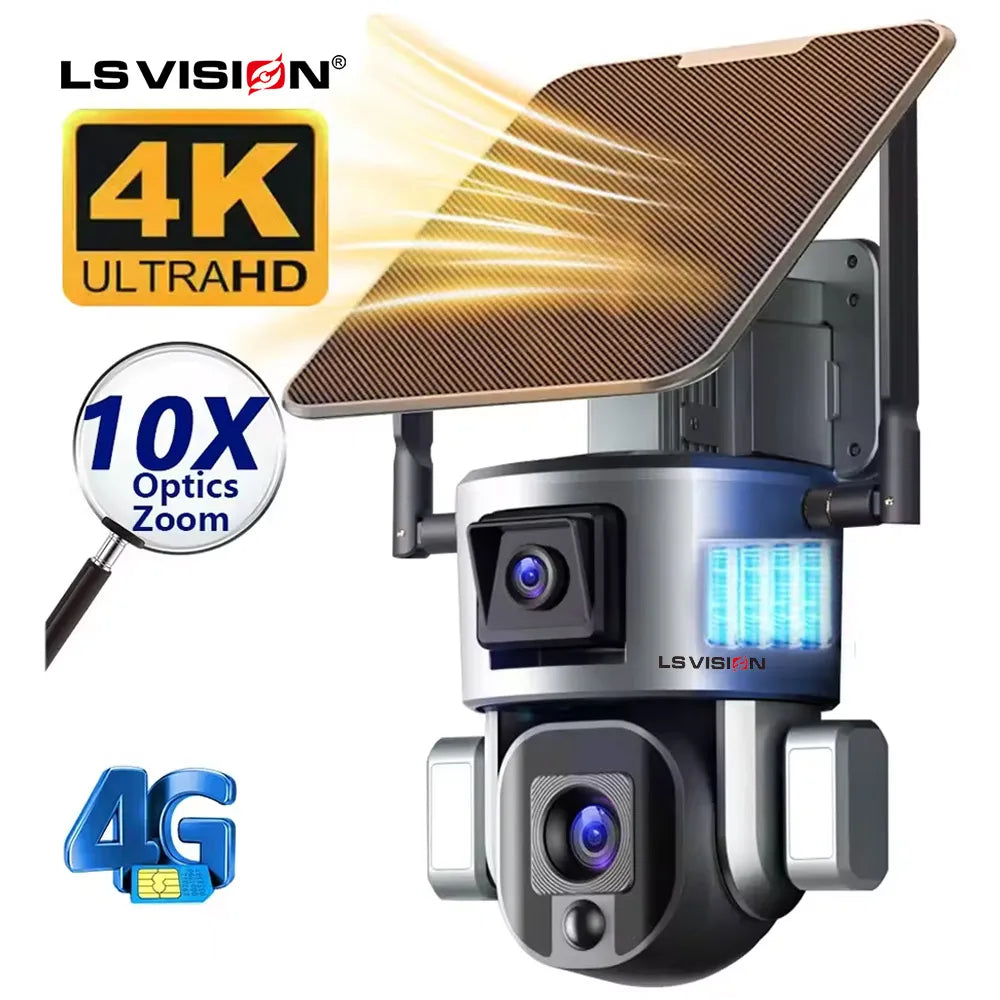 LS VISION 4K Dual Lens 4G Solar 10x Optical Zoom Lens Solar Camera Outdoor With Solar Panel WIFI Security Camera