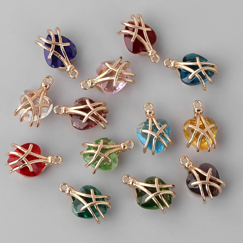 Multicolor Natural Glass Pendant Polished Princess's Heart Crystal Alloy One Hole Charm Pendant for Jewelry Making Diy Necklace
