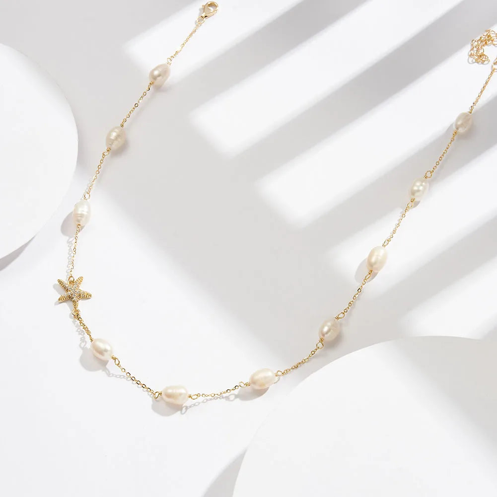 RINNTIN BQN06 Natural Freshwater Pearl 925 Sterling Silver Starfish Zircon Choker Necklace for Women