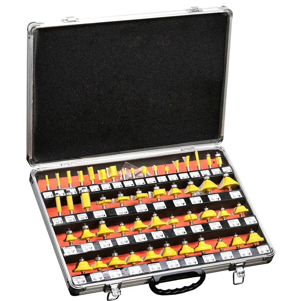 35pcs Solid CNC Pro Router Bits Set Carbide Tipped Woodworking Tool Aluminum Case Combination Design Cutting Hard Case Package