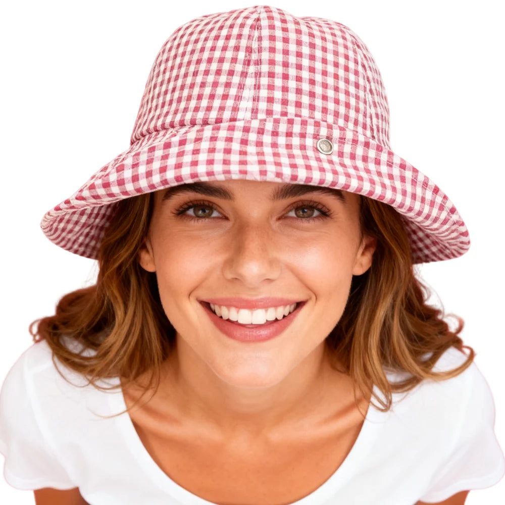 QINGYAN Cute Bucket Hat Leisure Sunshade Plaid Fashion Foldable Brim With Buttons Dome Checkered Bucket Fisherman Hat