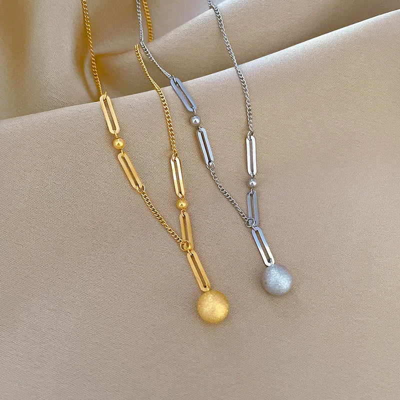 NEW Style Simple 18K Gold Plated Stainless Steel Waterproof Jewelry Frosted Ball Pendant Necklace for Gift