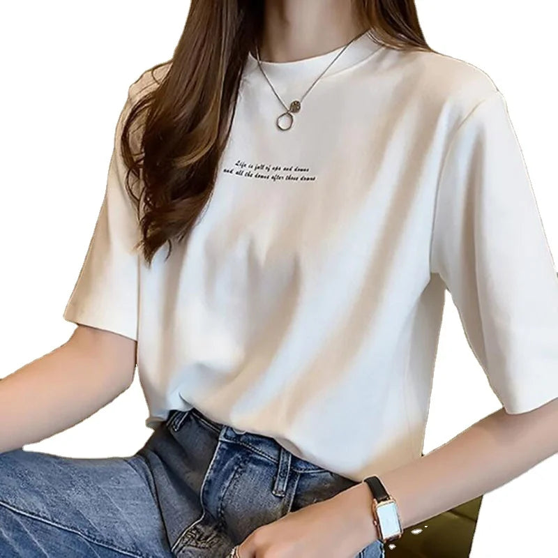 Women T-shirt Female Korean Wild Short-Sleeved Crew Neck Loose Letters Print T Shirts Woman Casual Clothes