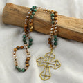 Vintage Bohemian Women Jewelry 8mm Natural Stone Crystal Glass Knotted Necklacealloy Cross Pendant Necklace