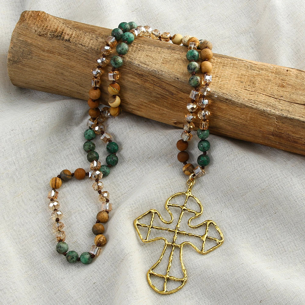 Vintage Bohemian Women Jewelry 8mm Natural Stone Crystal Glass Knotted Necklacealloy Cross Pendant Necklace