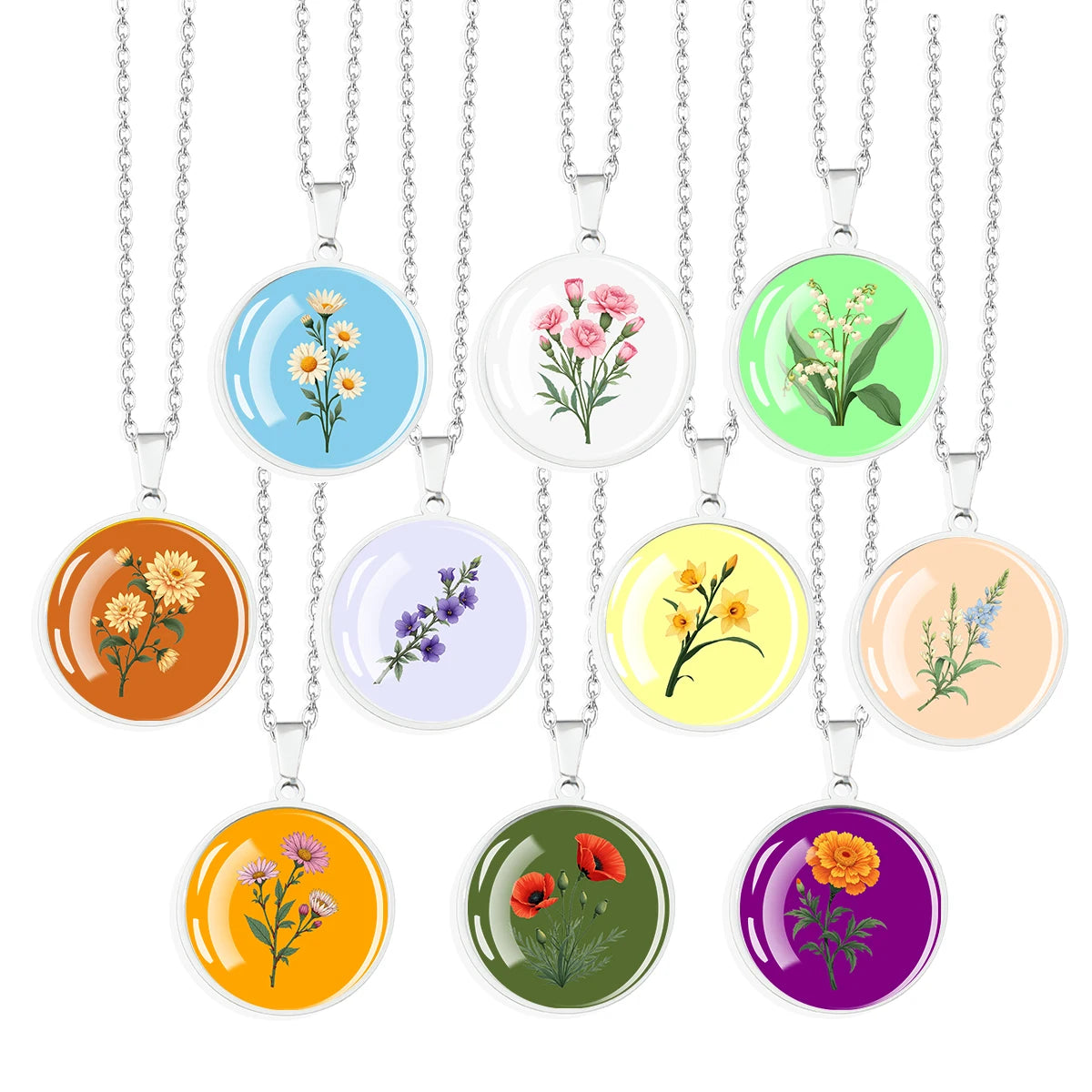 Sweet Cute Birth Flower Necklace - Stainless Steel Engraved Glass Dome Pendant Jewelry Dainty Personalized Floral Gift for Women