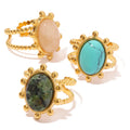 DUYIZHAO Stainless Steel Jewelry Vintage Natural Stone Kallaite Turquoise Double Round Open Ring Fashion Jewelry Women Rings
