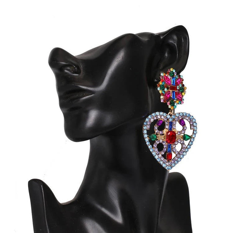 Full Crystal Big Heart Drop Earrings for Women's Boho Wedding Party Gift Jewelry Wholesale Girl's Bohemia Dangle Earrings