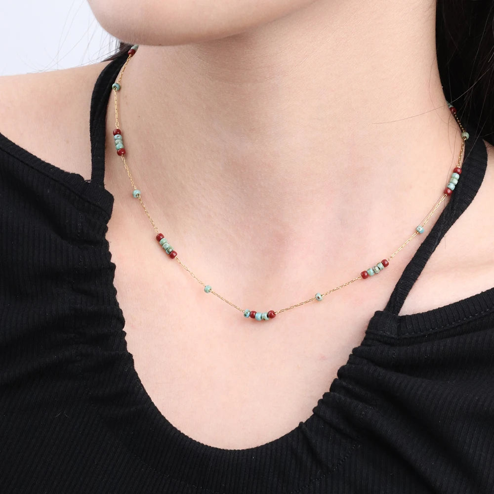 Chris April in Stock Fashion Vintage Glass Glaze Beads 316L Stainless Steel Wine and Turquoise Colored Stones Chain Necklaces