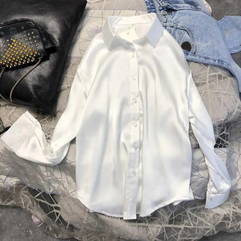 New Spring Autumn Women Fashion Long Sleeves Satin Blouse Vintage Femme Oversized Street Shirts Elegant Blouse