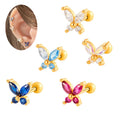 Hengsen Gold Butterfly Earrings Blue Pink Aquamarine CZ Auricle Ball Back Studs Helix Tragus Cartilage Earring Piercing Jewelry