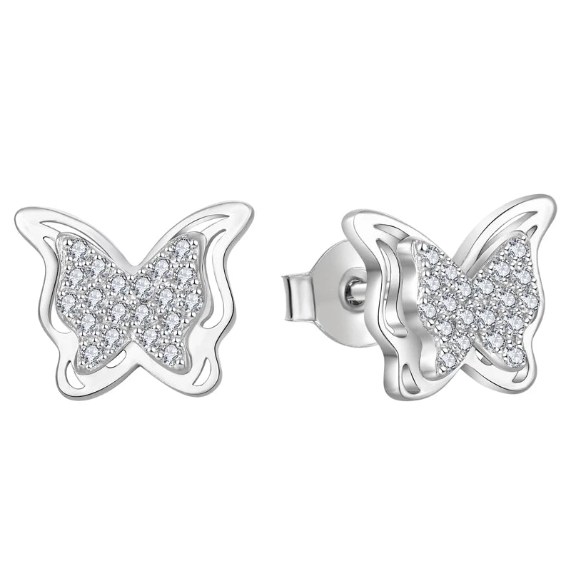 YILUN Sparkling Rhodium Plating CZ Stone Butterfly Design 925 Sterling Silver Stud Earrings