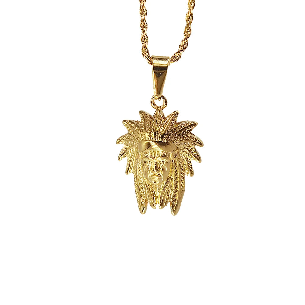 Waterproof Jewelry 18K Gold Plated Rope Chain Pendant Necklace Stainless Steel Indian Tribe Chief Head Necklace for Women Gift