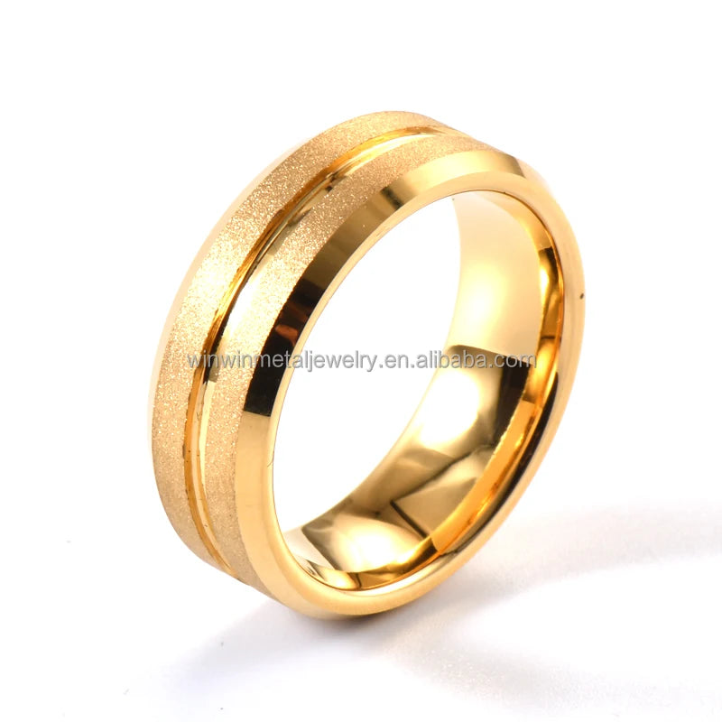 Yellow Gold Wedding Band Ring 8mm Comfort Fit Tungsten Carbide Sandblast Single Grooved Invisible Setting for Unisex