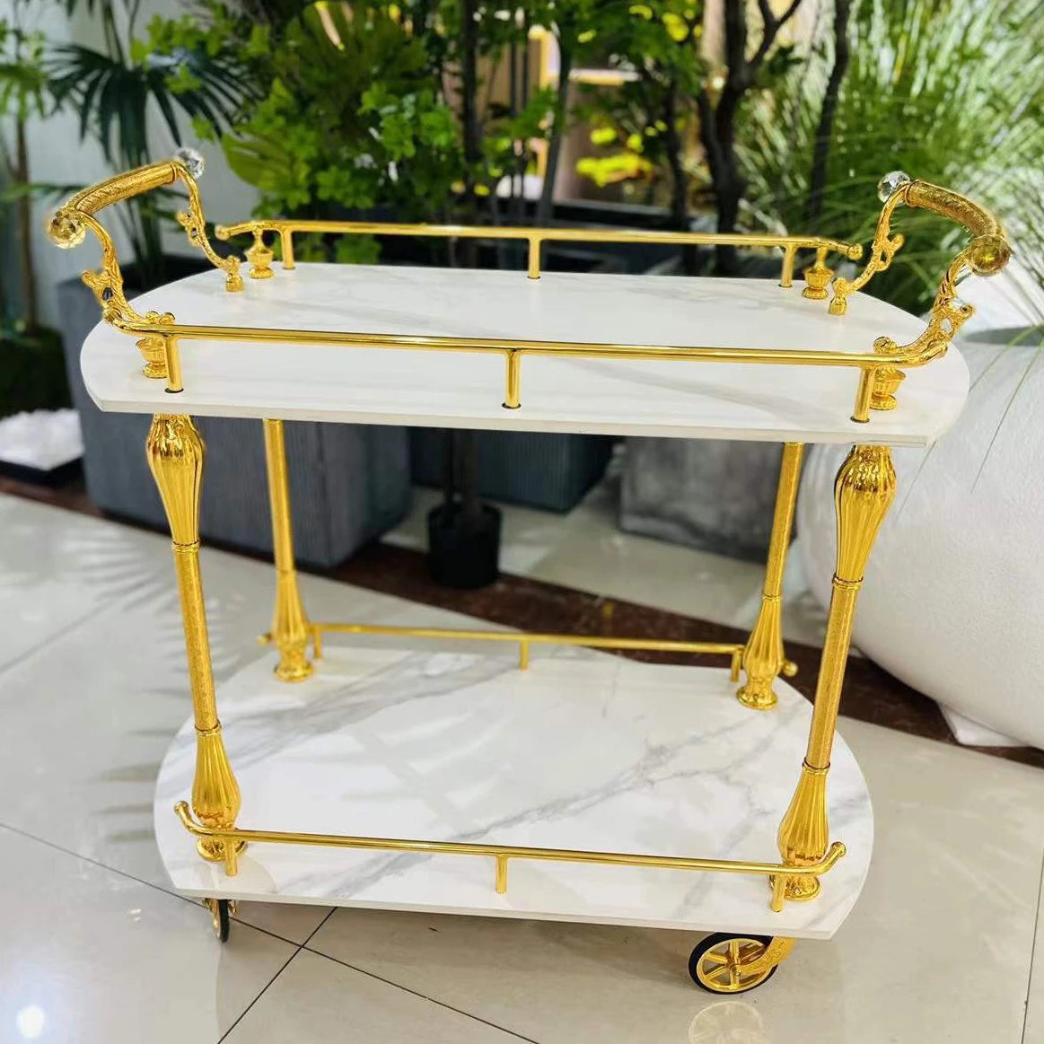 Luxury Golden Copper Dining Cart Modern Wedding Trolley for Hotel or Home Kitchen Living Room Decor