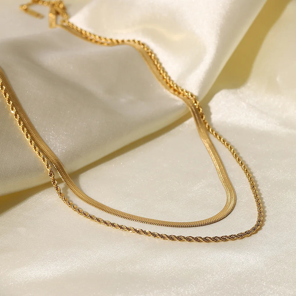 Classic Simple Necklace Jewelry 18K Gold Plated Flat Snake Chain  Dough Twist Double Layer Necklace for Women