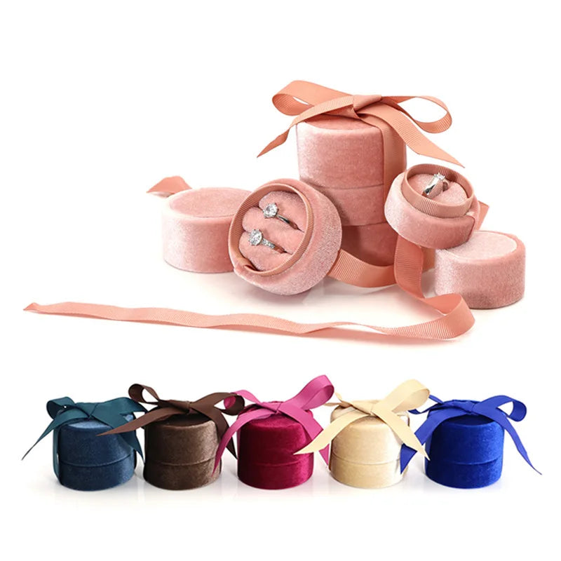Handmade round Jewelry Ring Box with Bowknot Velvet Earrings Pendant Custom Logo Wedding Ring Box with Ribbon