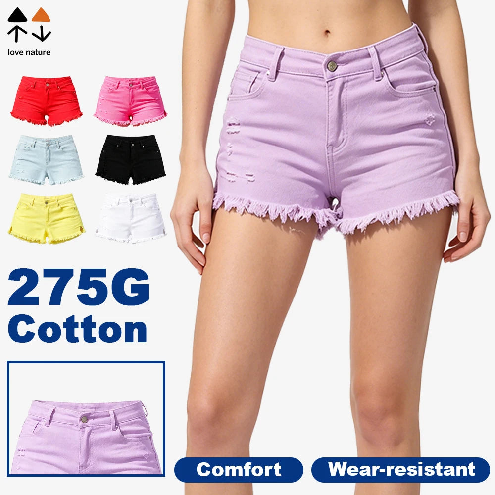 275 GSM Cotton Denim Shorts Women Mid Waist Raw Hem Summer Casual Streetwear Stretch Jean Shorts Custom Logo