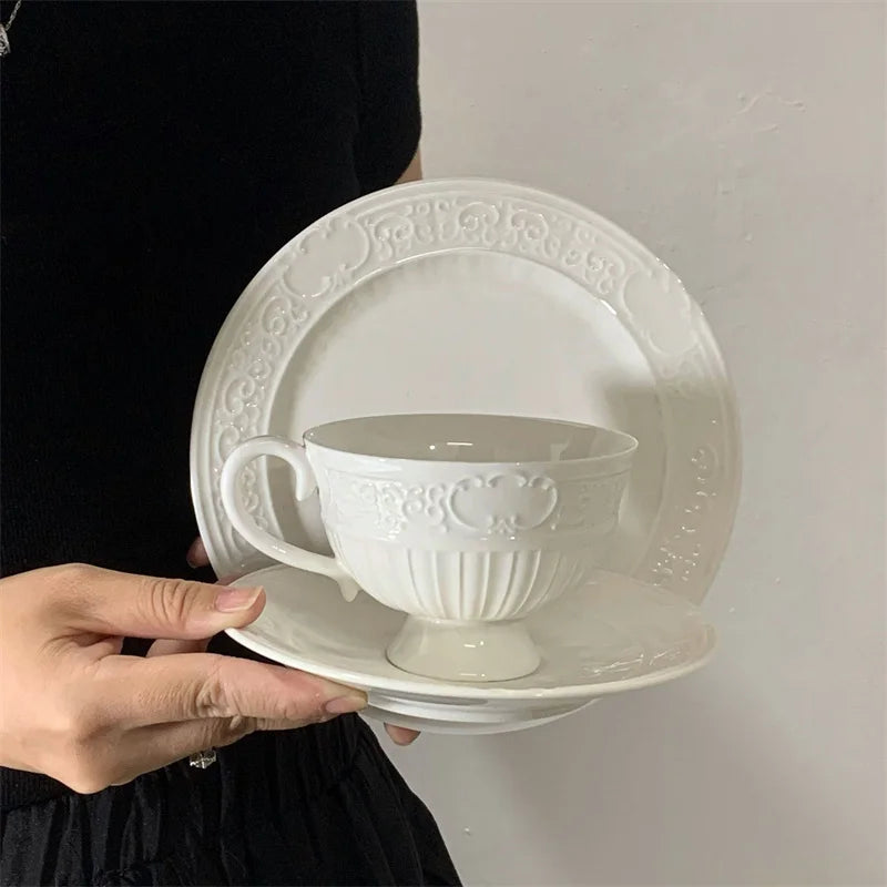 Wholesales Ins Embossed Ceramic Mug and Saucer Set Exquisite Afternoon Tea Cup Set Creative Dessert Cake Plate