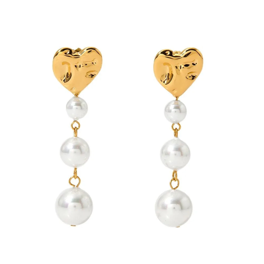 New Retro Ins Style 18k Gold Plated Heart Stainless Steel Pearl Tassel Women Waterproof Earrings YF6356