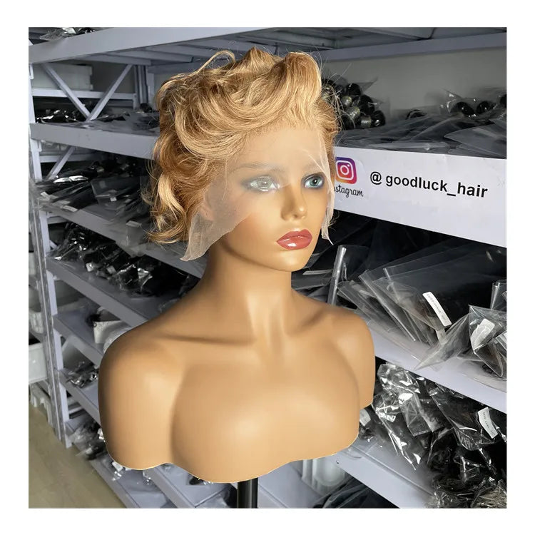 Goodluck Perruque 27# Color 13x4 Pixie Cut Short Curly Curls Hair swiss Transparent Lace Frontal Wig Human Hair with Baby Hair