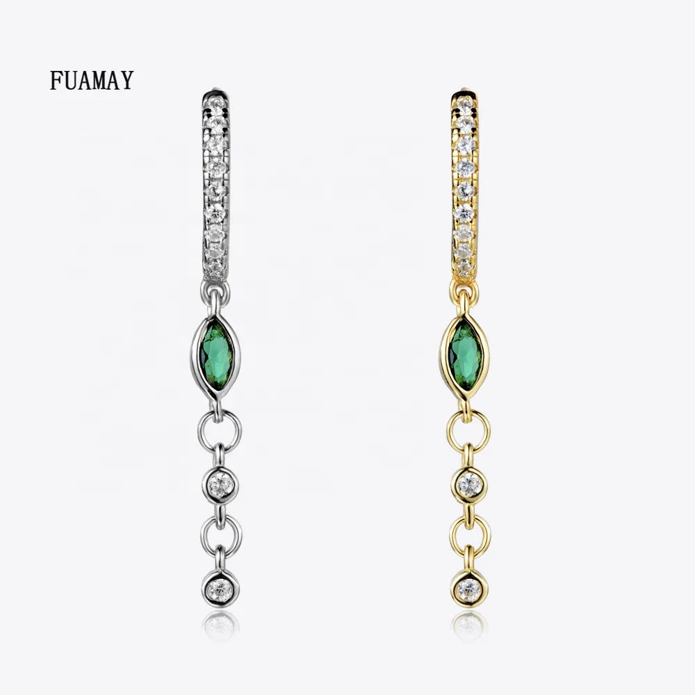 FUAMAY Silver Opal Long Drop Earrings for Women Geometric Pattern Clip-On Hoops for Weddings Parties Boucle D'oreille Argent